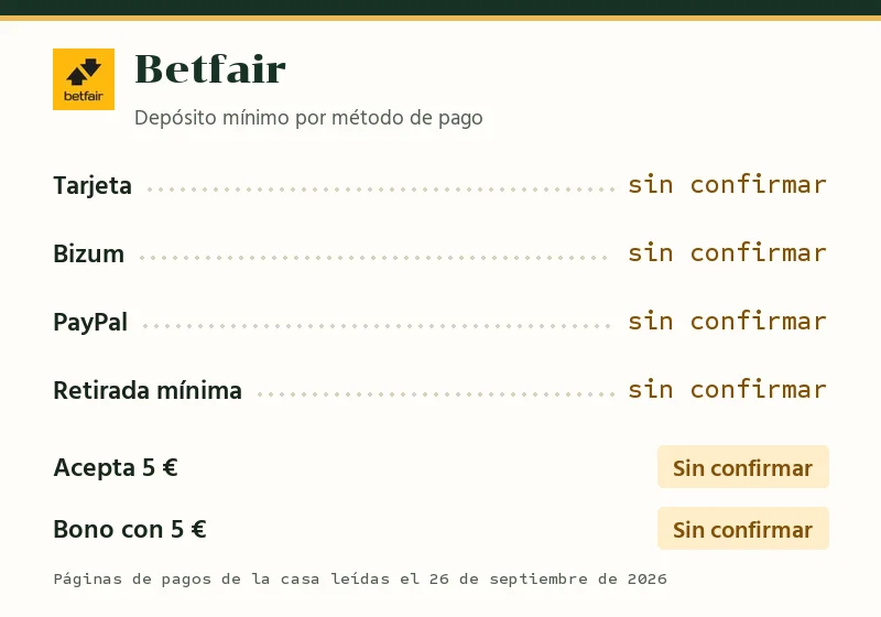 Depósito mínimo de Betfair con tarjeta, Bizum y PayPal, retirada mínima y bono